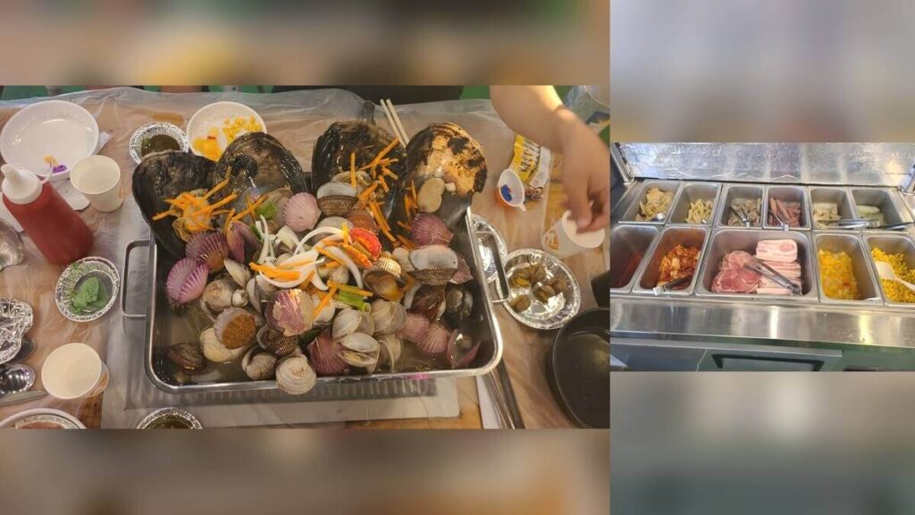 Steamed shellfish platter and self-service food bar near Daecheon Beach