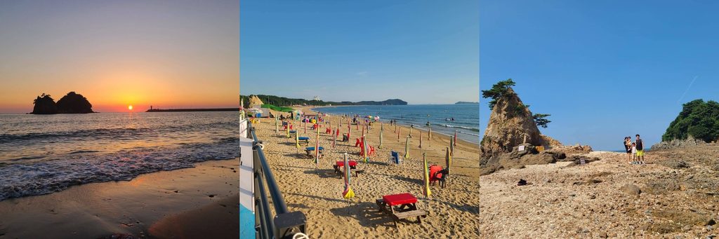 Kkotji Beach Korea with swimming, Halmi and Halabi Rocks, and famous sunset in Taean