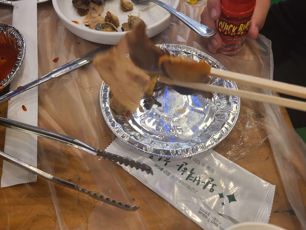 Freshly cooked shellfish at a Korean seafood restaurant