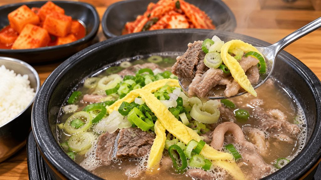 Beef from Korean galbitang served on a spoon