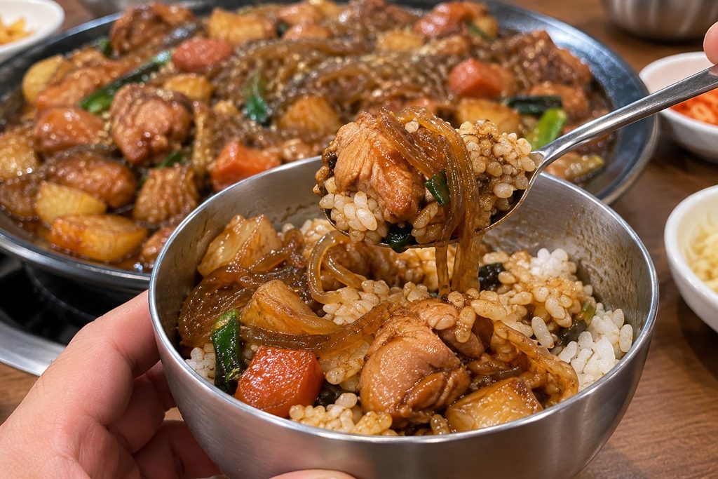 Jjimdak chicken and glass noodles mixed with rice