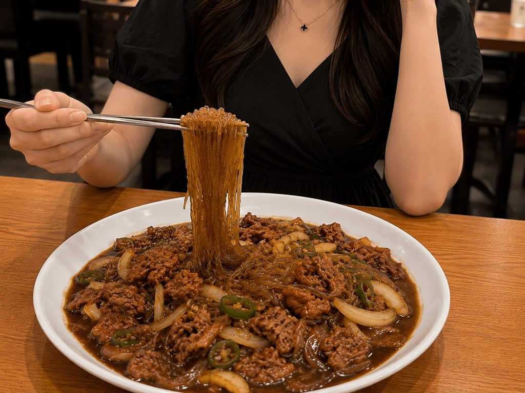 Glass noodles being lifted from Korean jjimdak in Seoul