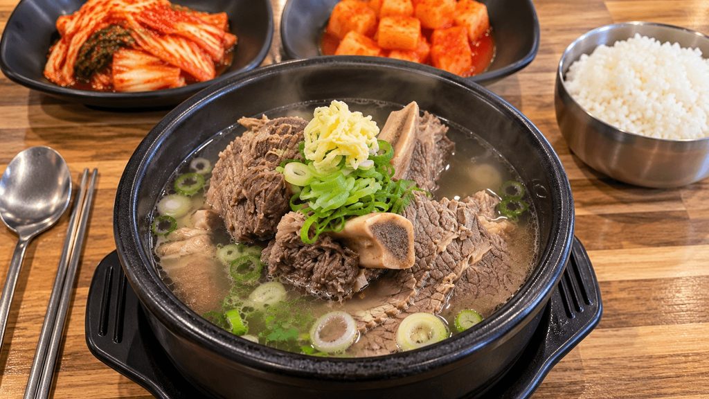 Korean galbitang with beef short ribs, rice and kimchi