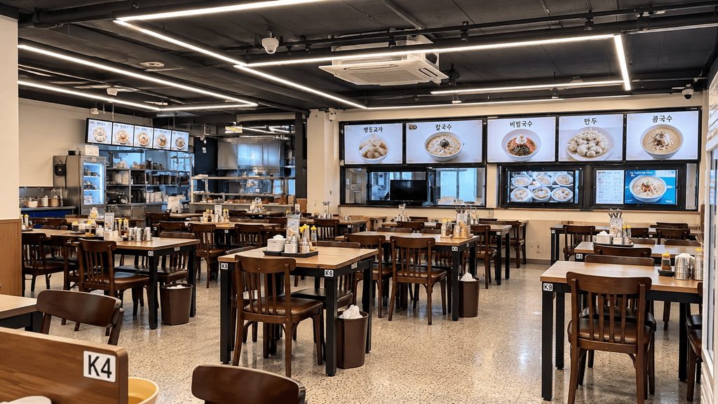 Dining area and tables inside Myeongdong Kyoja restaurant in Seoul