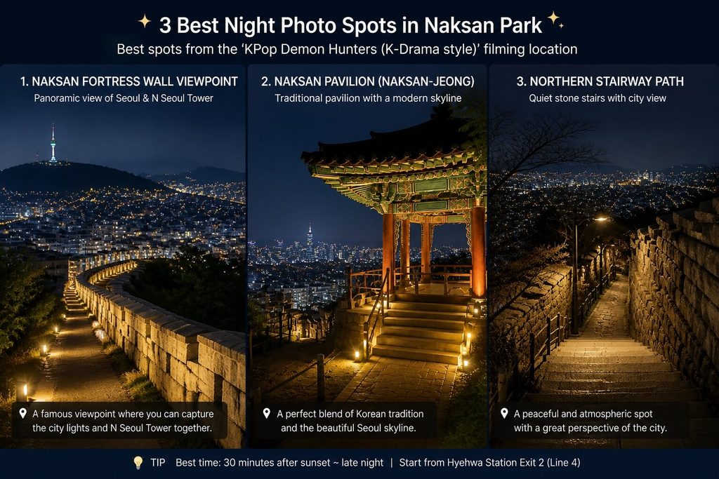 Three best night photo spots at Naksan Park in Seoul, featuring the fortress wall, Naksan Pavilion and city skyline views