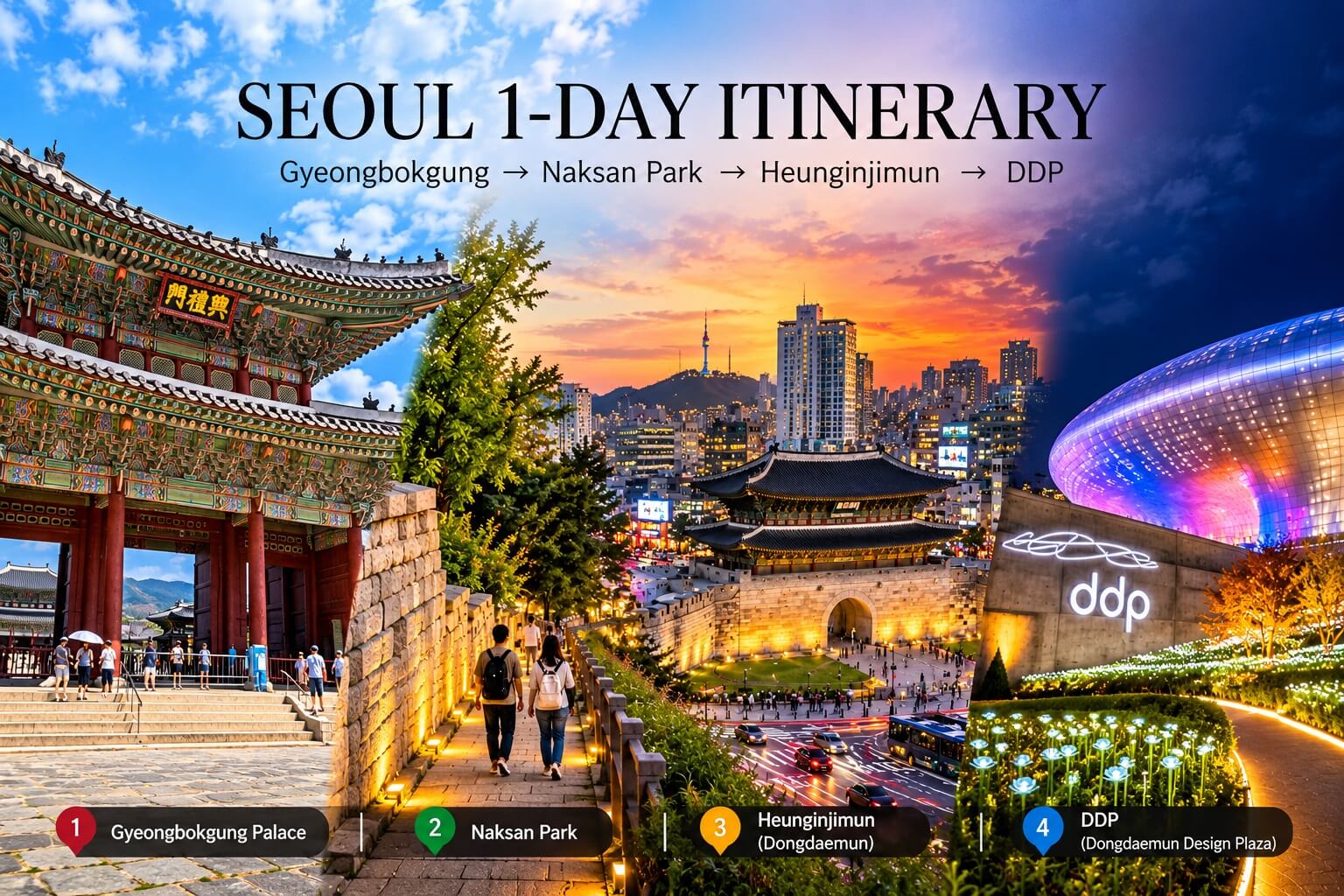 Seoul 1-day walking itinerary from Gyeongbokgung Palace through Naksan Park and Heunginjimun to Dongdaemun DDP