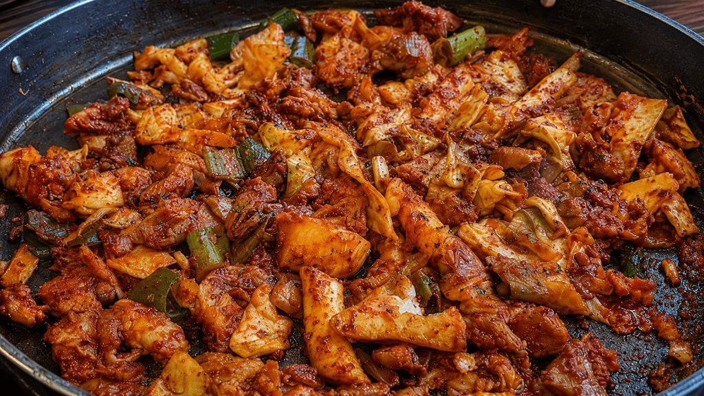 Spicy Korean dakgalbi with cabbage and rice cakes