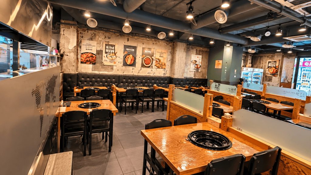 Inside Yoogane dakgalbi restaurant with wooden tables in Myeongdong