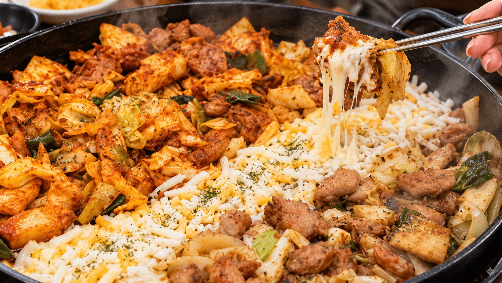 Yoogane half and half dakgalbi with spicy chicken and melted cheese